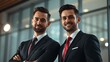 © fun - Two confident businessmen in suits exude professionalism under studio lighting in an elegant corporate setting.
