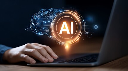 person using laptop with glowing ai brain hologram above