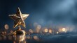 © Rifqi - A shiny golden star trophy standing prominently on a dark blue surface with glittering bokeh lights, concept for corporate recognition, employee appreciation and business excellence
