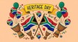 © Ray - Colorful Heritage Day illustration with South African flags, drums, balloons, and a festive banner. Celebrating culture and traditions.