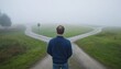 © Mingkwan - Facing a midlife crisis at the crossroads a middle-aged man's journey in a foggy landscape