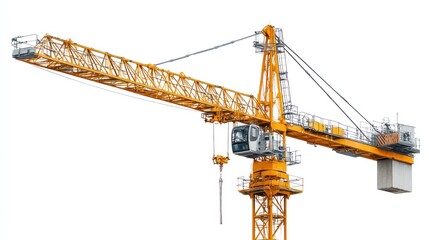 Top portion of tower crane captured from low angle, extended arm and cable lines shown, isolated on white background with room for technical layout or branding