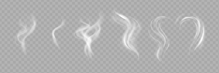 Realistic white cloud or fire smoke in the sky and vector weather element on transparent background. Chimney smoke, fog wave or cloud pattern with overlay effect. Cloud art or smoky air illustration.