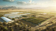 © Shanorsila - Aerial view of a desert reclamation project with large-scale greenhouses and irrigated fields, demonstrating how technology can be used to transform dry land into productive agricultural zones.