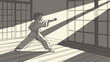 © Kevin - Focused Young Martial Artist in Karate Gi Training in Sunlit Traditional Room with Striking Shadows Illustration