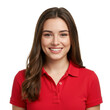 © shahida  - A young woman with long wavy brown hair wearing a red polo shirt smiling happily isolated on transparent background