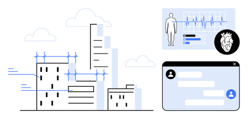 Skyscrapers alongside a health monitoring interface with heart diagnostics and a chat window. Ideal for healthcare, smart cities, technology, innovation, medicine, communication, simple landing page