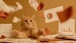 © Natalia S. - A ginger tabby cat looks overwhelmed as papers scatter through the air in a humorous scene. The orange tones and chaotic expression convey stress, confusion or burnout, work and deadline