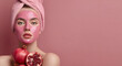 © john - Young woman with pink facial mask and pomegranates for natural skincare