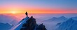 © dreamer - A lone hiker stands atop a jagged mountain peak, overlooking a vast snow-covered range under a colorful sunrise sky.