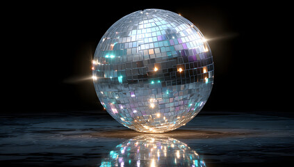 Wall Mural - glowing mirror entertainment disco ball isolated on black background.