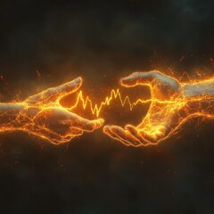 two hands, glowing with orange energy, reach towards each other, connected by a vibrant, electric ar