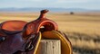 © Rihad - A closeup view of a weathered leather western saddle resting on a wooden post in a dry, grassy field