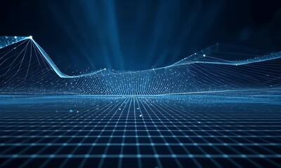 Wall Mural - abstract blue digital grid background with glowing light rays and mesh. digital technology concept f
