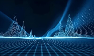 Wall Mural - abstract blue digital grid background with glowing light rays and mesh. digital technology concept f