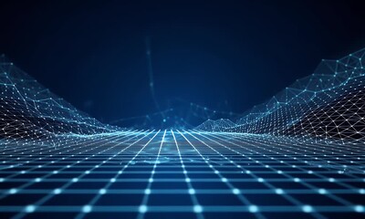 Wall Mural - abstract blue digital grid background with glowing light rays and mesh. digital technology concept f