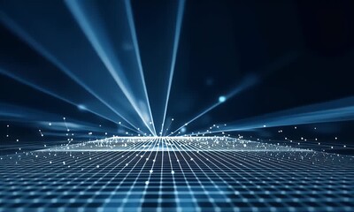Wall Mural - abstract blue digital grid background with glowing light rays and mesh. digital technology concept f