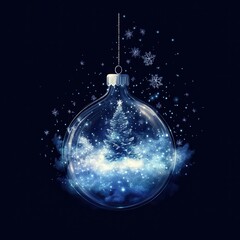 Wall Mural - elegant glass ornament reflecting tree and snowflakes in dark background