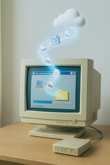 Wall Mural - digital data journey: a retro computer setup symbolizes the cloud-based transfer of digital informat