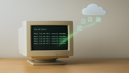 Wall Mural - cloud connectivity: an old monitor connected to a cloud-based data storage system, symbolizing digit
