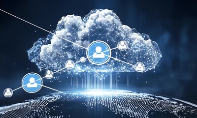 Wall Mural - a glowing cloud symbolizing the global network of digital clouds, connected to various illustrated c