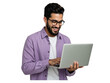 © Creative Vector - Smiling young man with glasses wearing a purple shirt holding and using a laptop isolated on transparent background