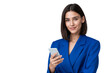 © The Stock Guy - Confident young businesswoman holding a smartphone and smiling. Using a mobile phone for work, isolated with copy space
