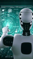 Wall Mural - ai hominoid robot touching virtual hologram screen showing concept of big data analytic using artifi