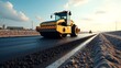 © leon - A yellow road roller on a newly paved highway under a blue sky day