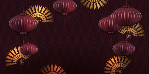 Wall Mural - Chinese New Year. Exquisite dark red greeting card with golden fans.