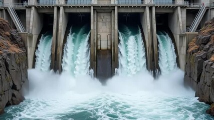 Powerful dam releasing water creating dynamic cascading flow for clean energy generation