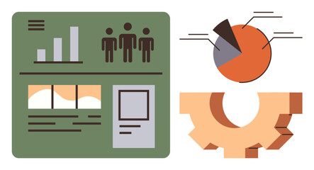 Analytical dashboard featuring bar chart, pie chart, human figures, gear, and data panels. Ideal for analytics, statistics, teamwork business planning productivity insight workflow. Simple flat