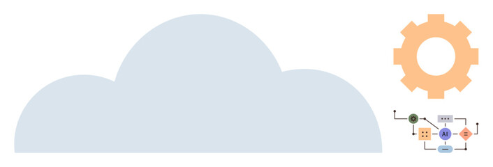 Wall Mural - large cloud icon, orange gear symbolizing processes, and ai workflow diagram highlighting system con