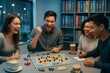 © Who is Danny - Group of friends laughing and playing a strategy board game together at a cozy table with drinks in a modern room full of games and warm light. Ai generative