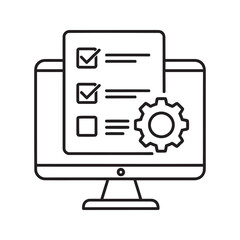 online task management icon with computer checklist and gear for digital workflow and system configu