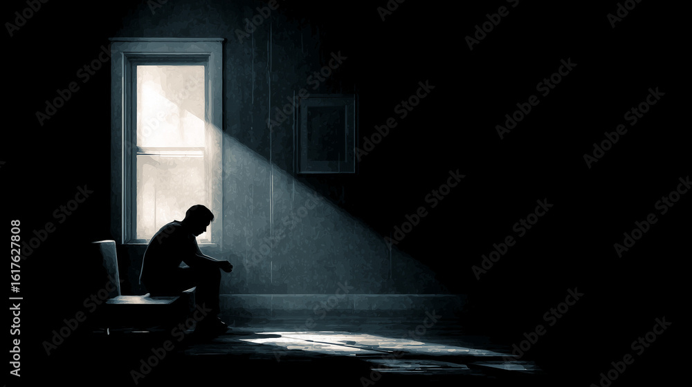 Depression and loneliness are expressed by a man sitting alone in a ...