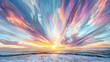 © jam - A vibrant, stylized sunset over a beach, with swirling, painted clouds in pastel hues.  Ocean waves gently crash on the shore,  with the sun at the horizon