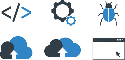 a set of technology and software development icons, featuring code symbols, gears, a bug, cloud uplo