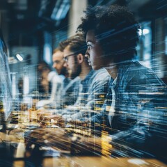 a focused team working on computers in a modern office with a digital overlay effect at night