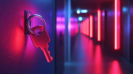 Wall Mural - A mysterious key hangs in a vibrant corridor. Neon lights illuminate the path ahead. What secrets lie behind the doors. Generative AI