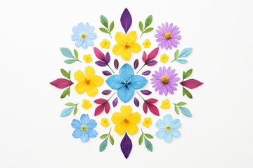 Wall Mural - colorful symmetrical floral mandala made of real petals and leaves arranged on white background in b