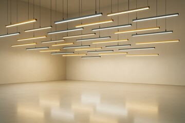 Wall Mural - modern empty interior room with suspended linear lights and smooth beige walls and floor in a minima