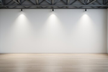 Wall Mural - empty modern interior room with blank white wall, wooden floor, and ceiling spotlights in contempora