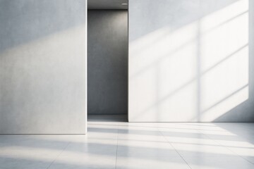 Wall Mural - minimalist modern empty room with sunlight casting shadows on white walls and tiled floor, clean arc