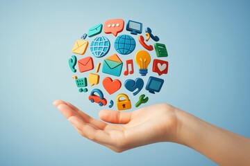 Wall Mural - colorful digital application icons hovering above an open human hand on a light blue background, sym