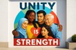 © Who is Danny - Diverse group of people hugging in front of mural with 'Unity is Strength' message symbolizing inclusivity and support for social equality. Ai generative