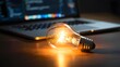 © MstTasmiya - light bulb with laptop computer, idea of ​​inspiration from online technology, innovation idea concept, Self learning or education knowledge and business studying concept.