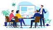 © Knut - A business meeting in an office, with a team of people collaborating, discussing, and developing a new project or a strategy. Businesspeople discussing concept in flat design vector illustration