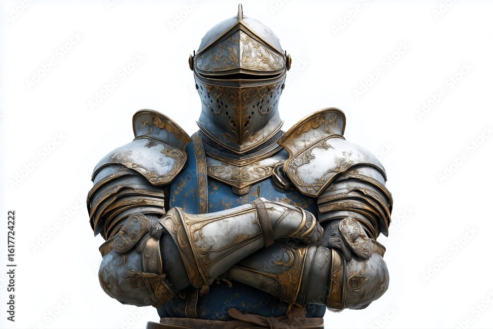 medieval knight warrior in metal historical armor and helmet on white ...