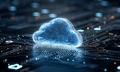 Sticker - 3d cloud with a digital circuit background, data center, and cloud technology concept.